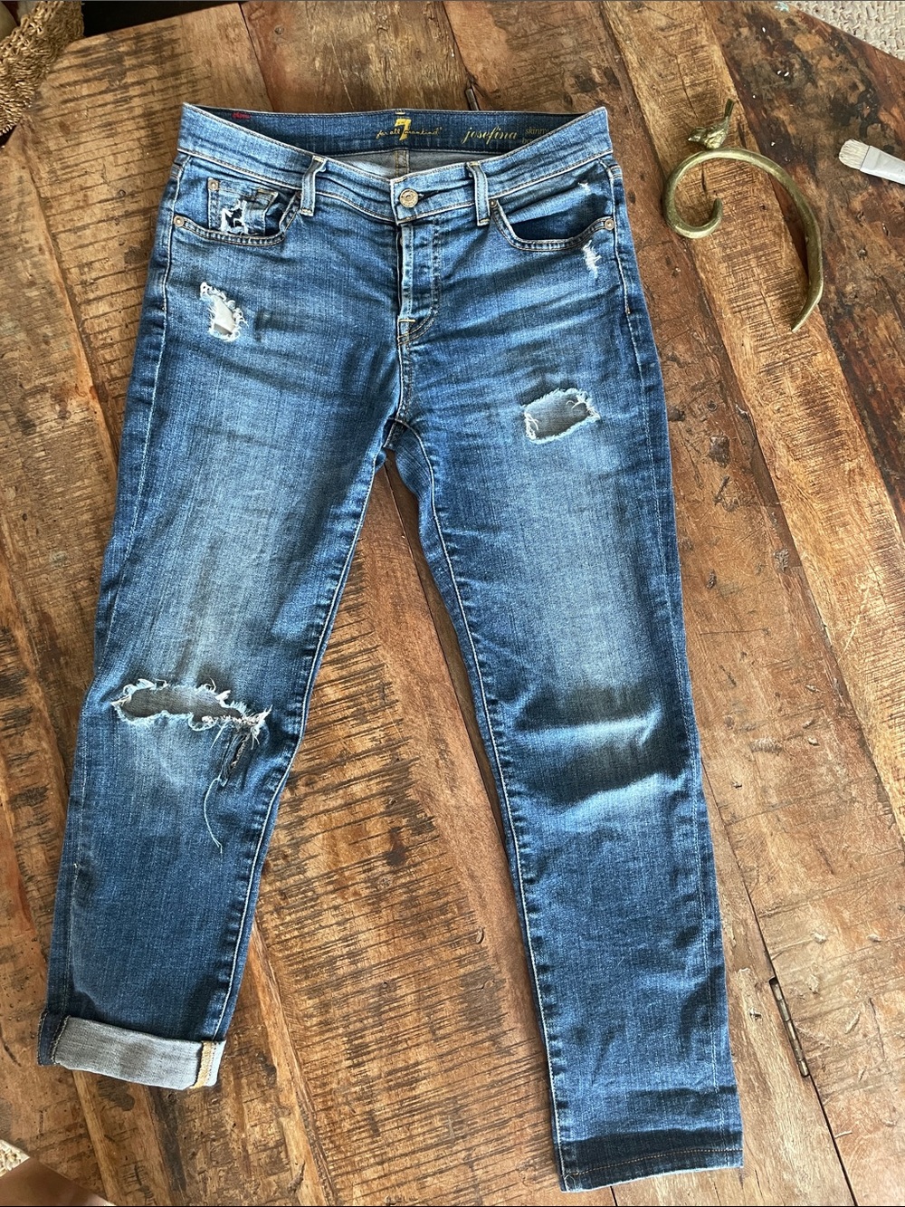 7 For All Mankind Distressed Medium Blue Boyfriend Jeans